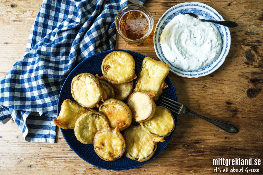 Friterad aubergine och zucchinij